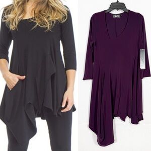 Sympli Flow Tunic 3/4 Sleeve Merlot Purple Asymmetrical Lagenlook Longline